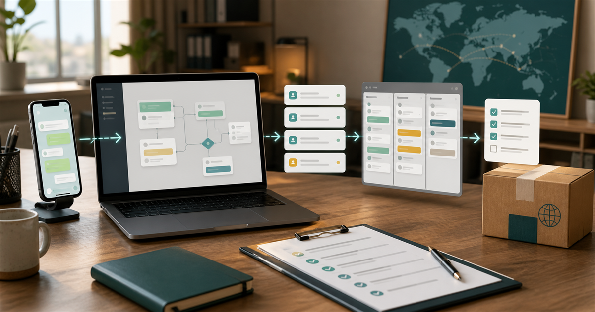 台灣中小企業工作桌上以抽象聊天流程、CRM 看板與外銷包裹整理 WhatsApp 詢問