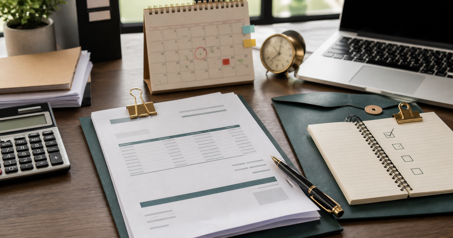 Editorial desk scene with a Taiwan SME owner reviewing a printed quote, calendar notes, calculator, laptop, and approval checklist while deciding a quotation validity period.