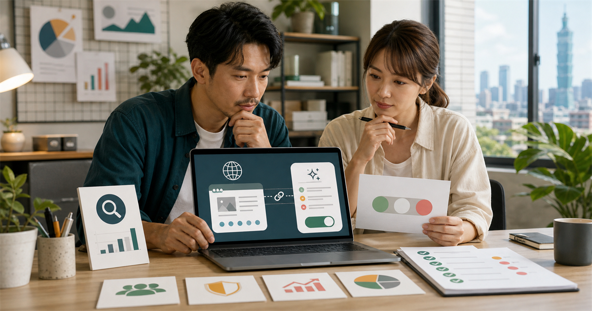 台灣中小企業團隊在辦公桌前檢查 AI 搜尋曝光控制、網站連結與決策清單