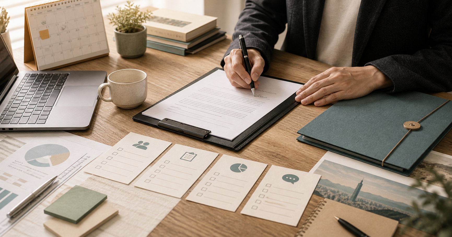 台灣中小企業團隊在木質桌面前整理 client onboarding checklist，桌上有合約、資料夾、筆電、待辦卡與 kickoff 準備清單