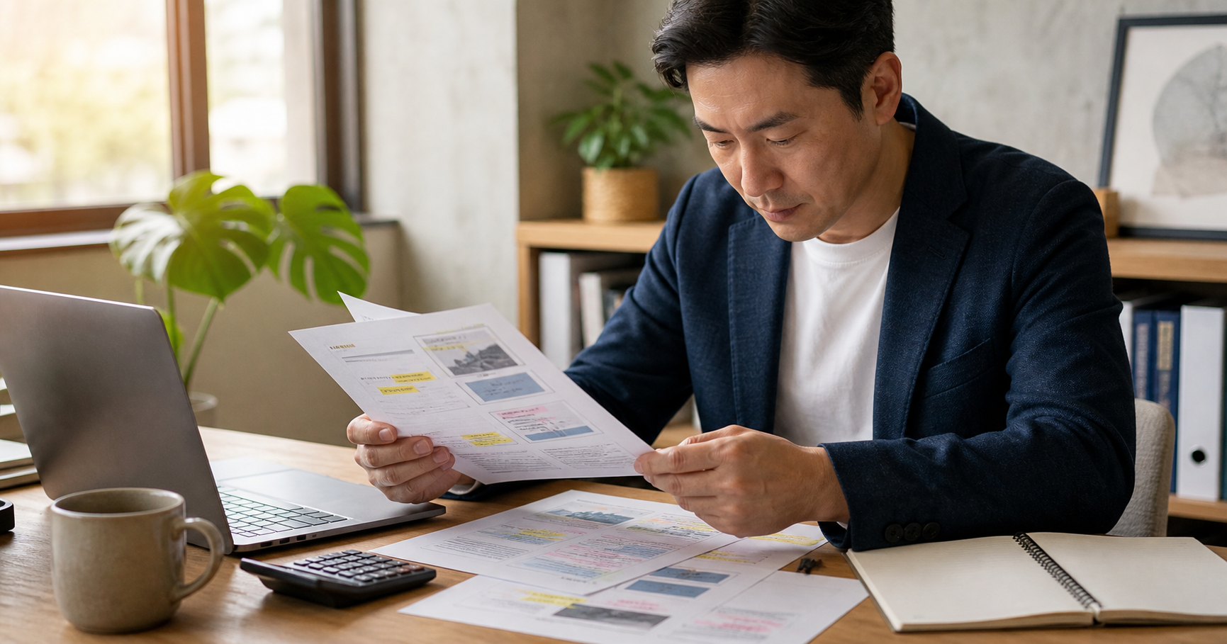 台灣中小企業負責人在辦公桌前查看服務提案書、價格表與手寫範圍備註，旁邊有筆電、計算機與咖啡杯。
