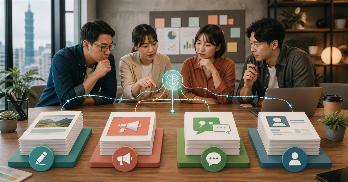 台灣中小企業團隊在桌前把內容、廣告、LINE 與 CRM 任務分堆，中央有 AI 節點協助排序
