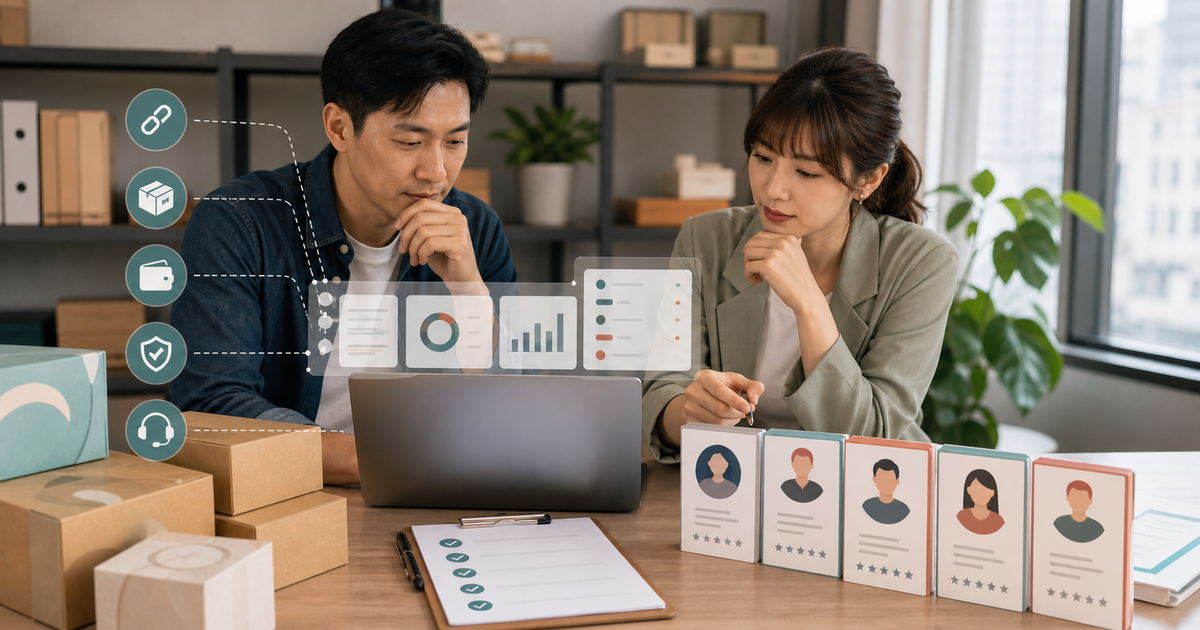 台灣中小企業團隊在辦公室檢查團購主合作儀表板、產品箱與合作名單