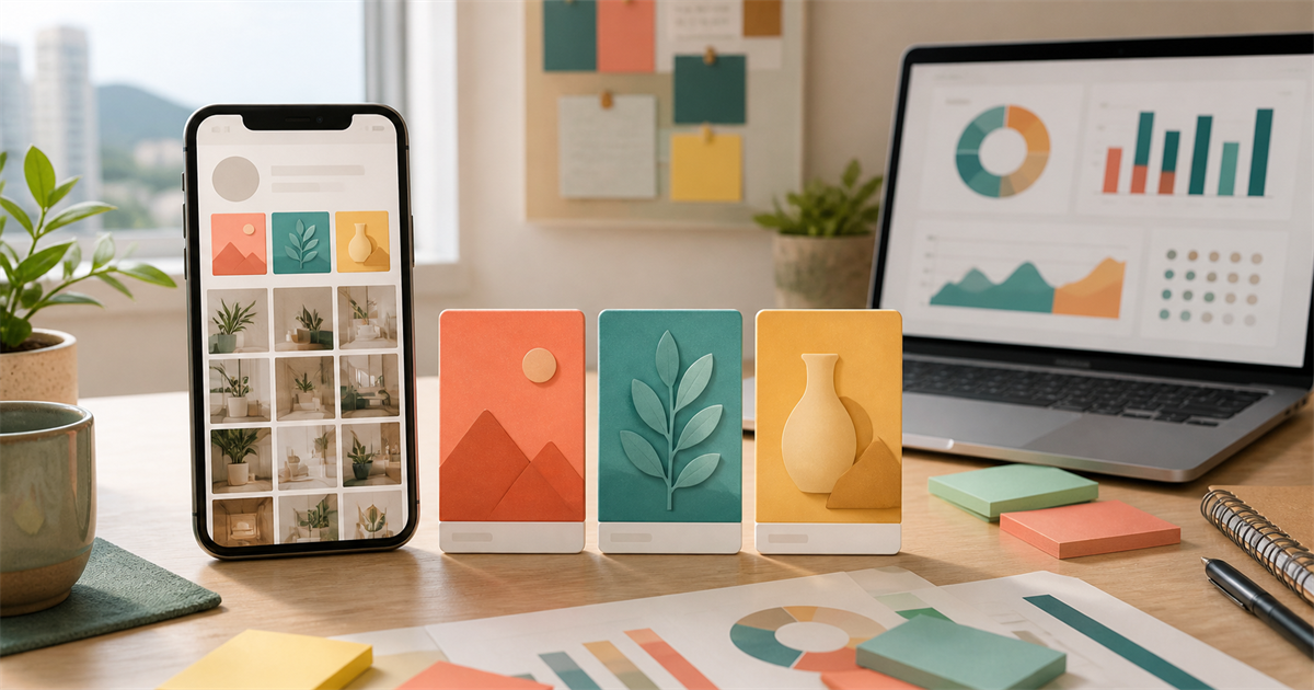 台灣中小企業行銷桌面上，手機顯示抽象社群格線，旁邊有三張代表置頂入口的彩色卡片與成效儀表板