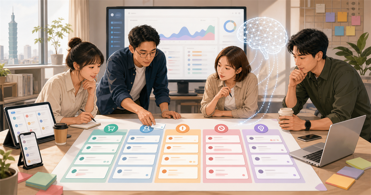 台灣中小企業團隊在桌前用 AI 看板分流 Threads 與社群留言