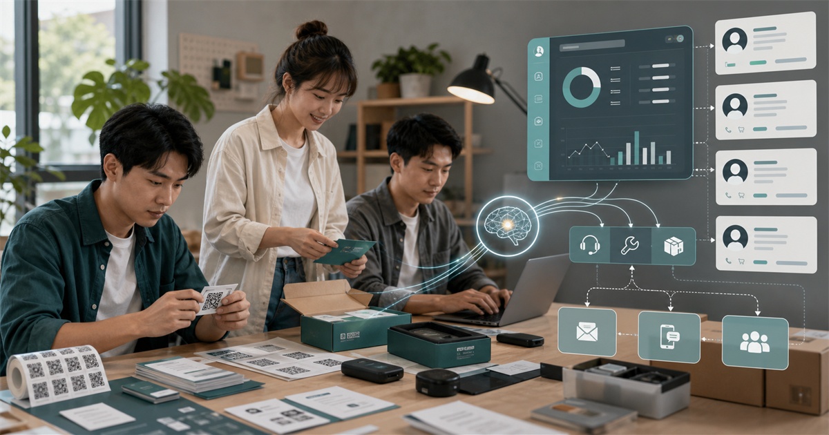 台灣中小企業團隊在桌上整理保固登錄 QR Code、產品序號卡與 AI CRM 售後分流看板