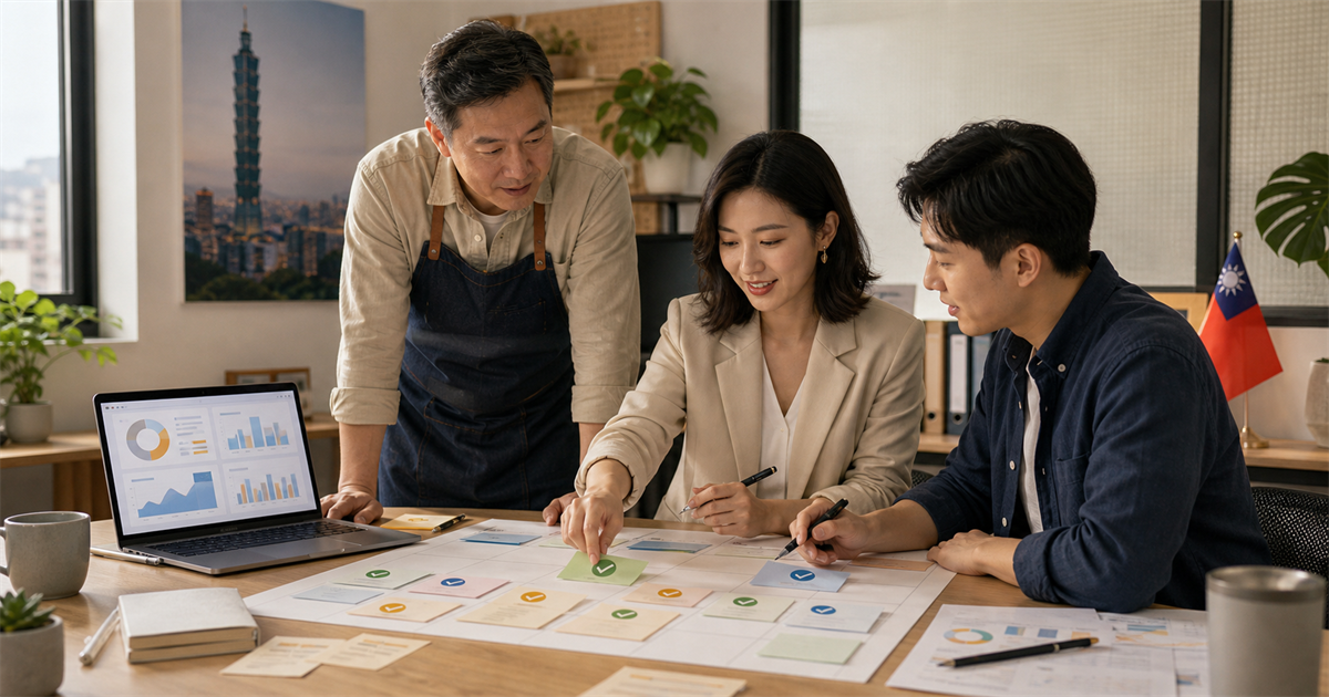 台灣中小企業團隊在工作桌前把 AI 課程筆記整理成 30 天行銷任務表