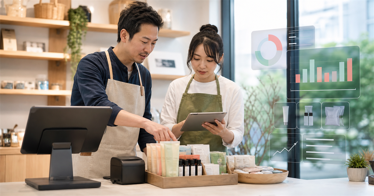 台灣小店店員在收銀台旁檢查加購商品、POS 平板與 AI 銷售分析卡片