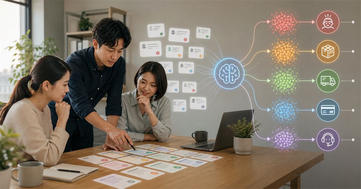 台灣中小企業團隊在桌前查看低分回饋卡與 AI 分流看板
