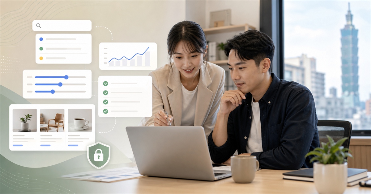 台灣中小企業行銷人員在筆電前檢查搜尋廣告儀表板與預算控制卡片