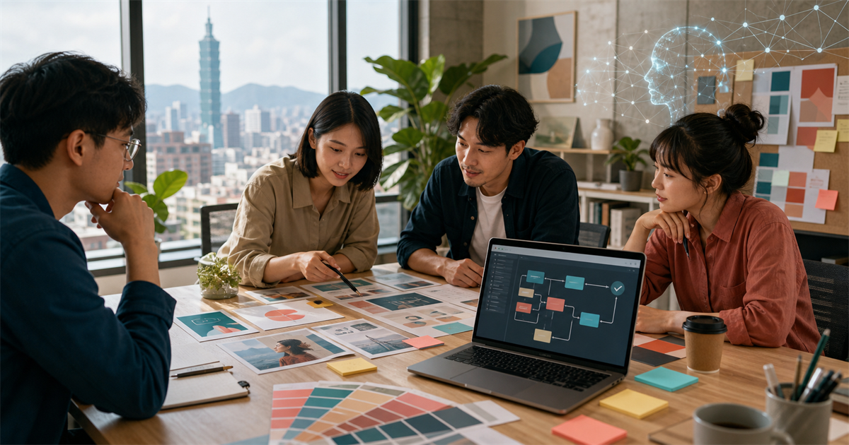 台灣中小企業團隊在辦公桌前檢查 AI 內容卡片、品牌色票與審稿流程
