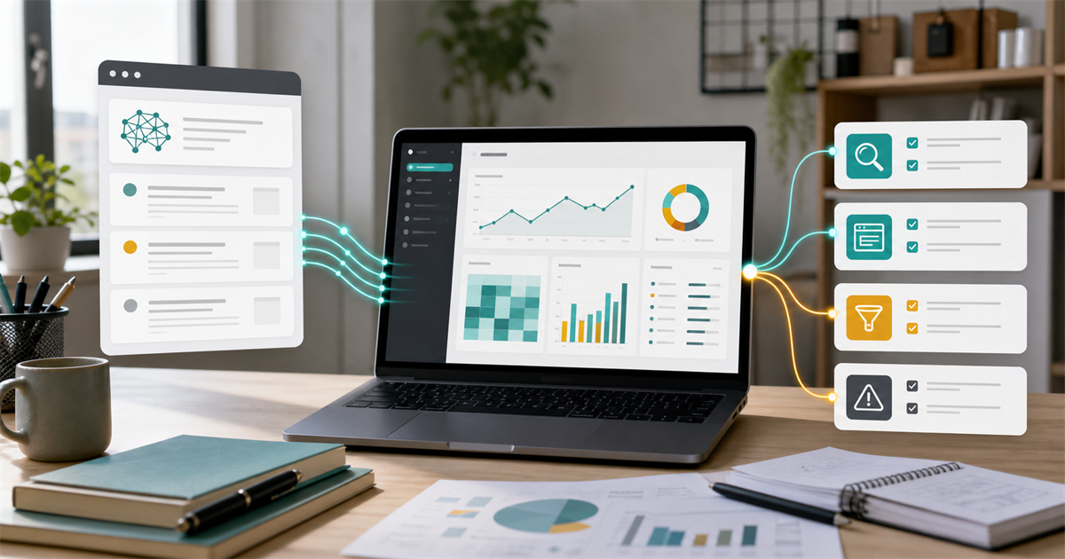 筆電上的分析儀表板接收 AI 答案卡片導入的來源流量路徑