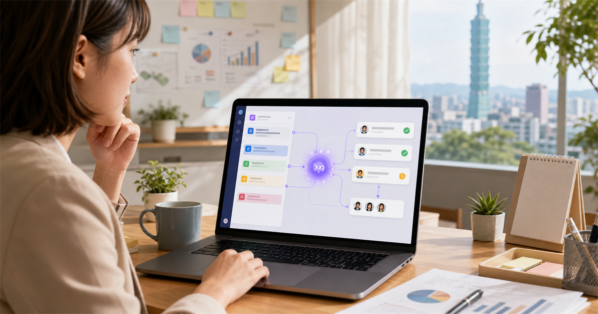 台灣中小企業行銷人員在筆電前檢查 Slack 訊息、AI 待辦與人工審核節點