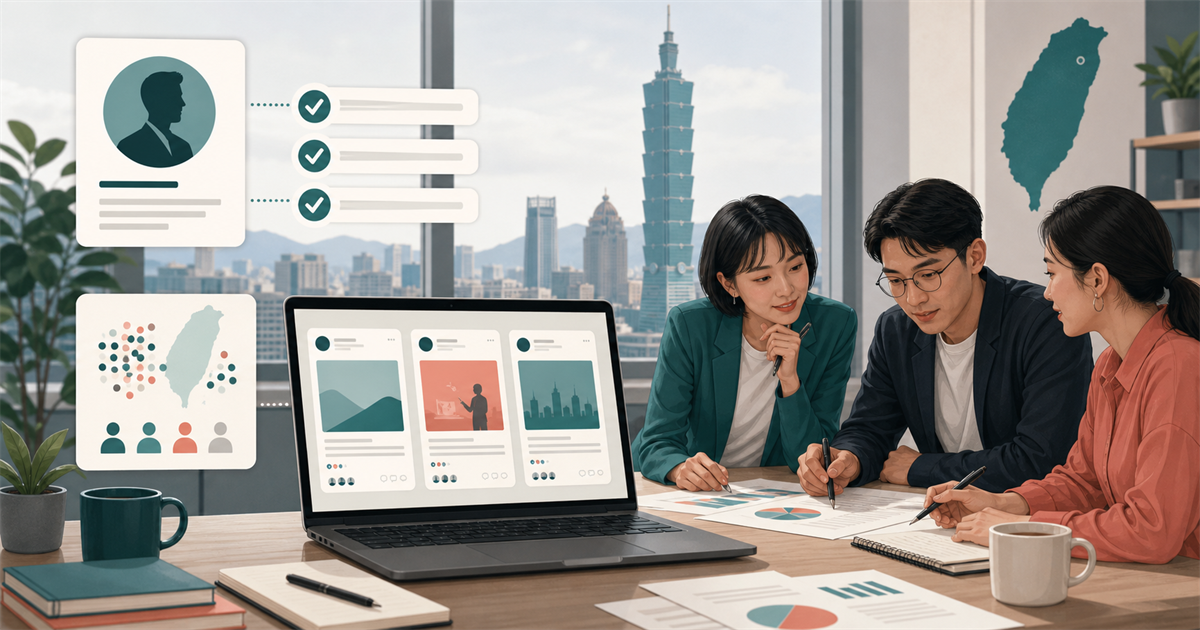 台北辦公室中的 B2B 行銷團隊檢查 LinkedIn 貼文卡片、授權勾選與受眾分群圖