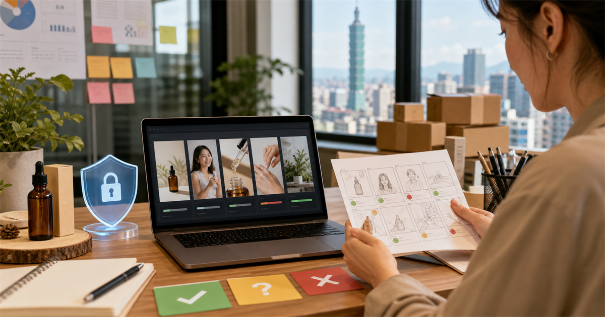 台灣中小企業行銷人員在桌前檢查 AI 生成短影音素材、商品證據與審稿卡