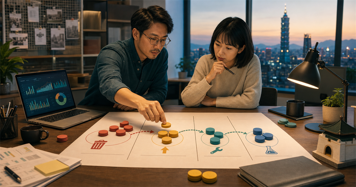 台灣中小企業團隊在桌上重新分配第四季行銷預算與年底活動資源