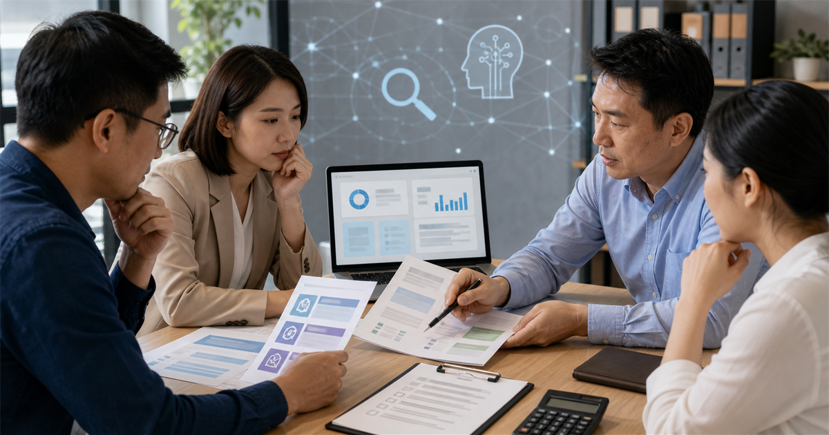 台灣中小企業團隊在會議桌上檢查 AI SEO 報價單、分析儀表板與驗收清單