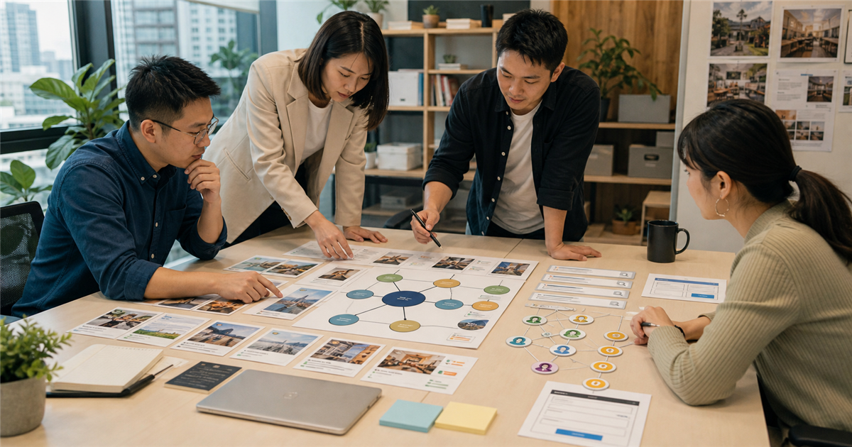 台灣中小企業團隊在辦公桌上整理內容中心主題地圖、文章卡片與 AI 引用節點