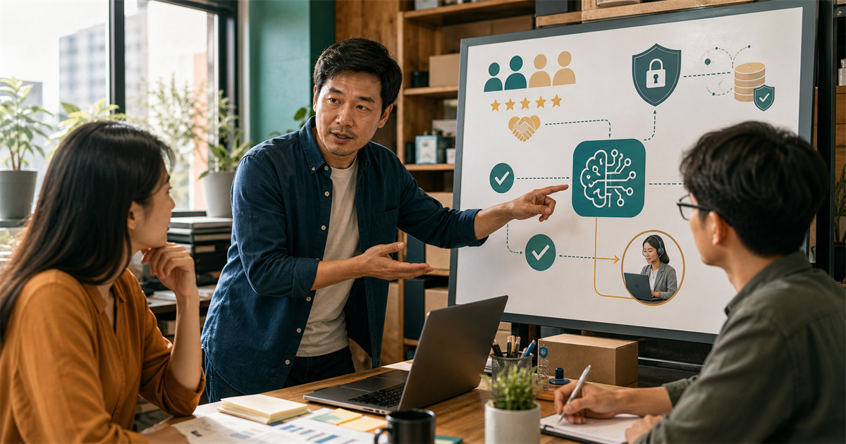 台灣中小企業團隊在辦公室討論 AI 導入溝通板，旁邊有信任、隱私與人工接手圖示