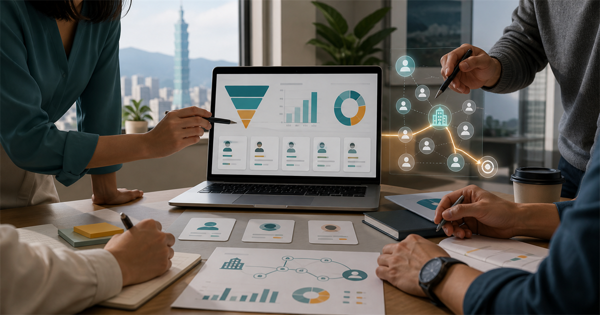 台北 B2B 行銷團隊在筆電前檢查 CRM pipeline、廣告歸因路徑與買方角色節點。