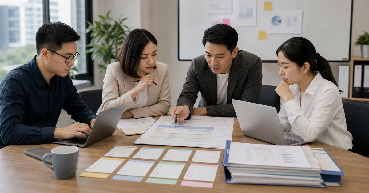 台灣 B2B 團隊在會議桌前檢查 RFP 回覆文件、合規卡片與證據資料夾