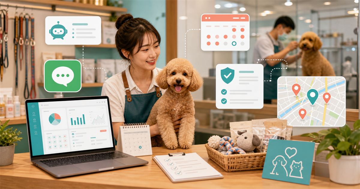 寵物美容店櫃台前，店員用筆電檢查 AI 行銷儀表板、預約卡、同意清單與地圖訊號。