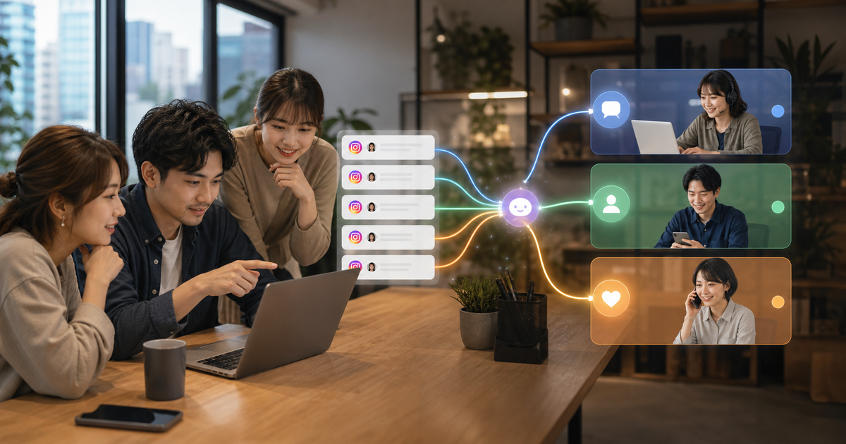 台灣中小企業團隊在辦公桌前檢查社群私訊，AI 將訊息分成 FAQ、銷售名單與人工升級三條路徑