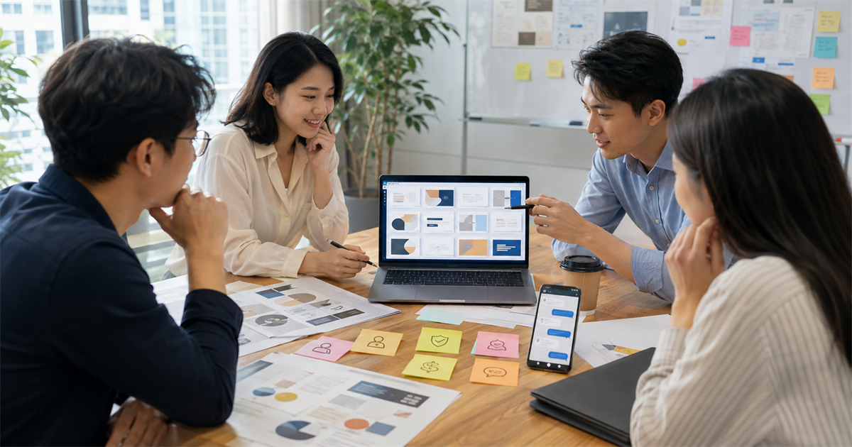 台灣中小企業團隊在會議桌前檢查 AI 生成的提案簡報、客戶證據與跟進欄位