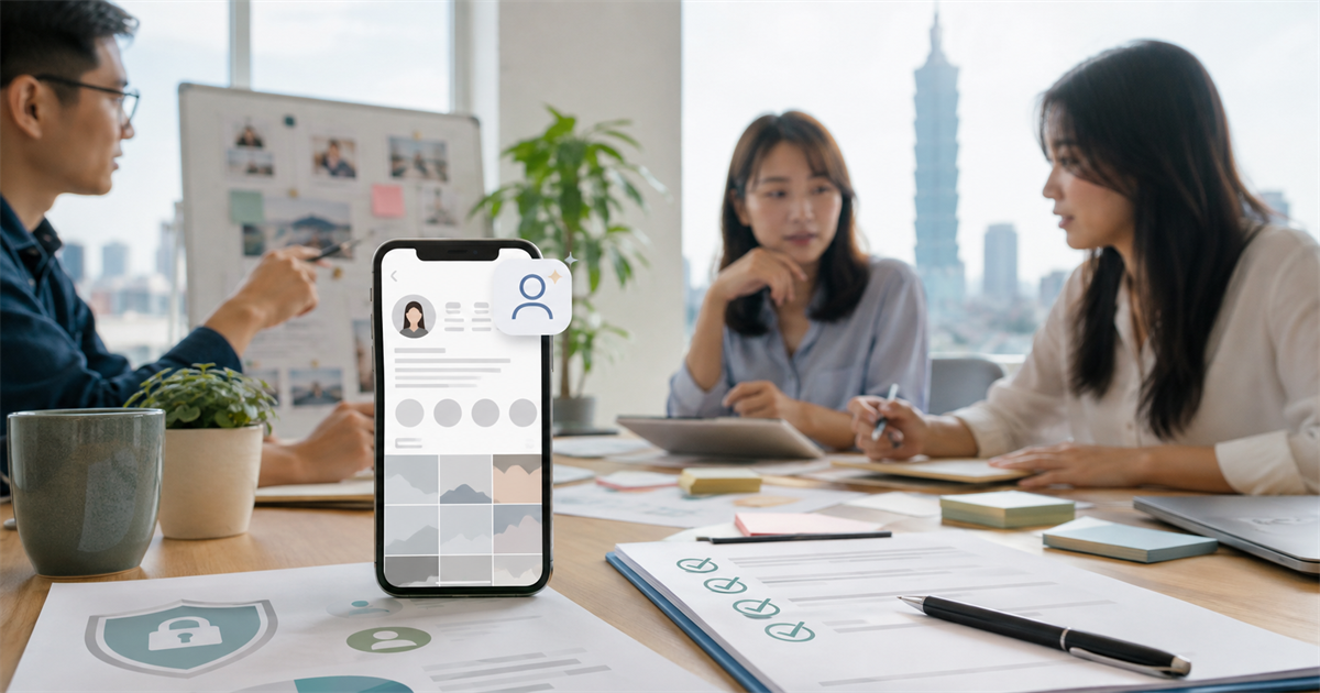 台北社群行銷團隊在桌面檢查手機上的抽象個人檔案卡與 AI 角色標示清單