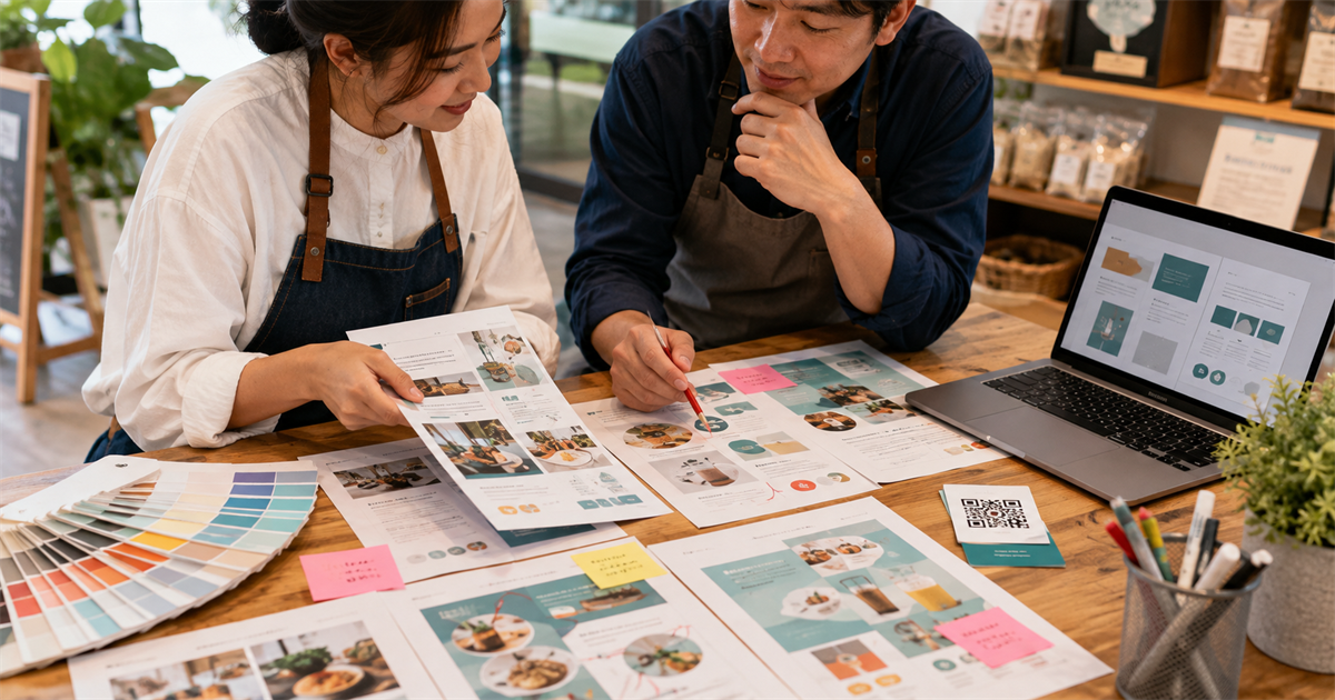 台灣中小企業團隊在桌上檢查 AI 傳單版面、色票、QR 測試卡與修稿標記
