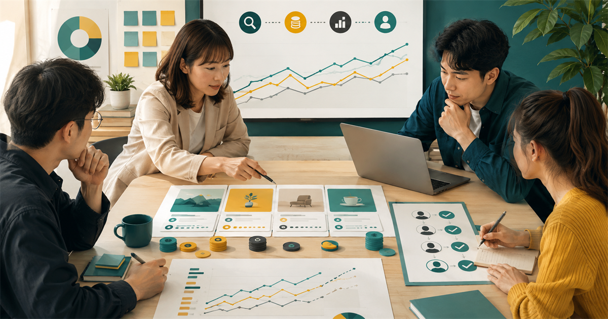 台灣中小企業團隊在桌前檢查搜尋廣告預算實驗、預測圖表與人工核准流程
