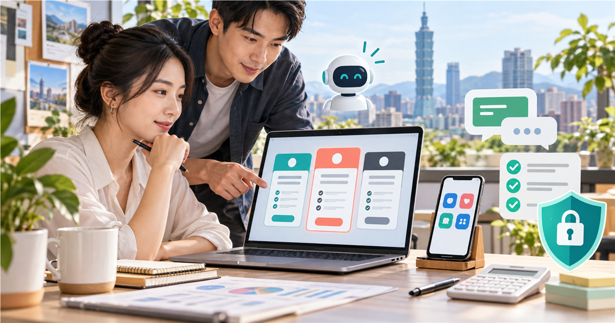 台灣中小企業團隊在明亮辦公桌前評估 Meta One 訂閱層級、AI 回覆與資料權限