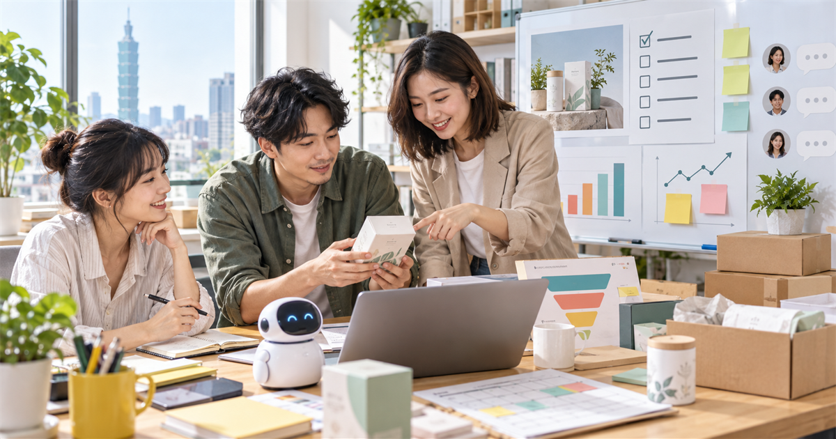 台灣中小企業團隊在明亮辦公室檢查新品樣品、上市看板與 AI 輔助行銷流程