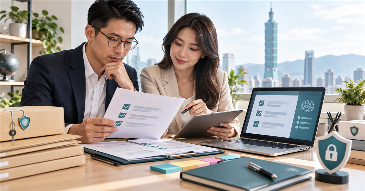 台灣 B2B 團隊在明亮辦公桌前檢查資安問卷證據文件與 AI 回覆草稿