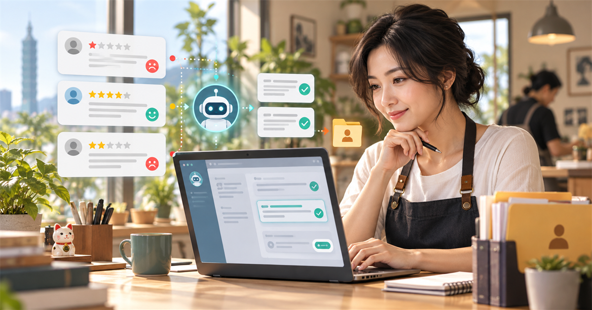 台灣服務業店家在筆電前檢查顧客評論、AI 回覆草稿與人工審核流程