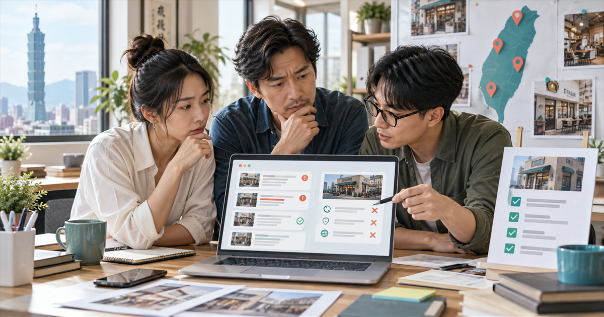 台灣中小企業團隊在辦公室檢查 AI 搜尋結果與品牌資料核對清單