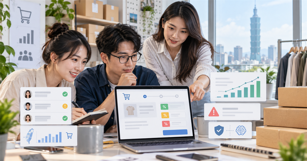 台灣電商團隊在明亮辦公室檢查 Shopify 分眾自動折扣規則與毛利風險