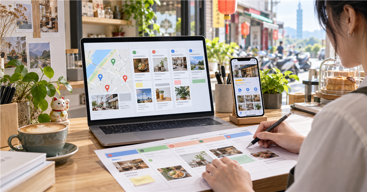 台灣店家在筆電與紙本週曆旁規劃 Google 商家檔案貼文內容
