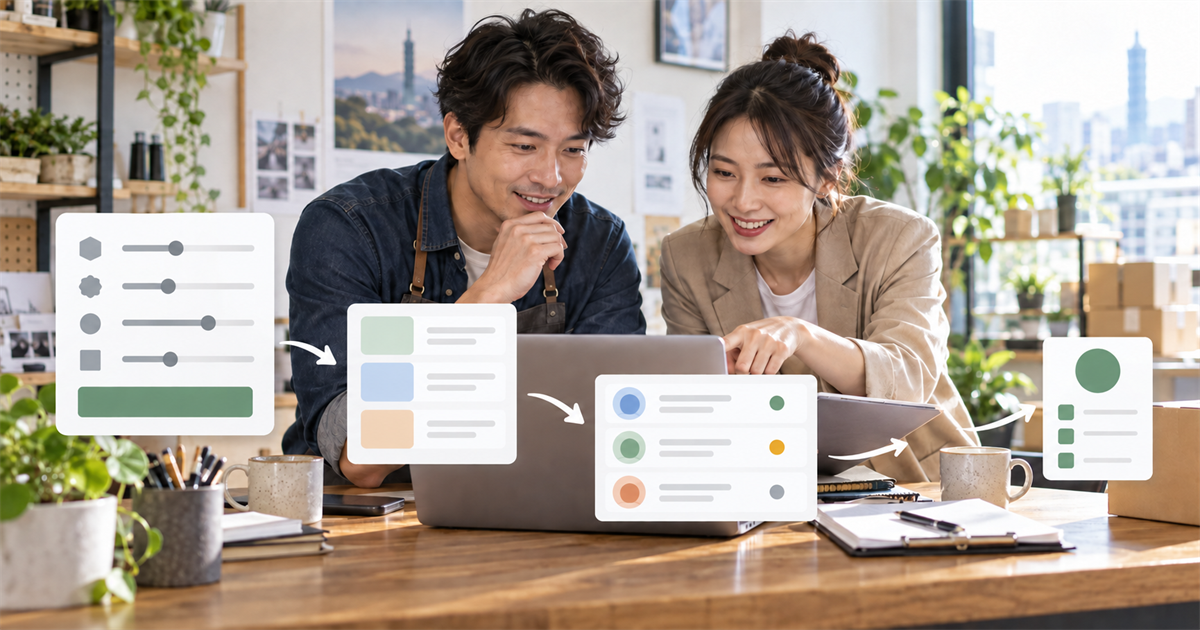 台灣中小企業團隊在辦公室用筆電檢查費用試算器與名單分級流程