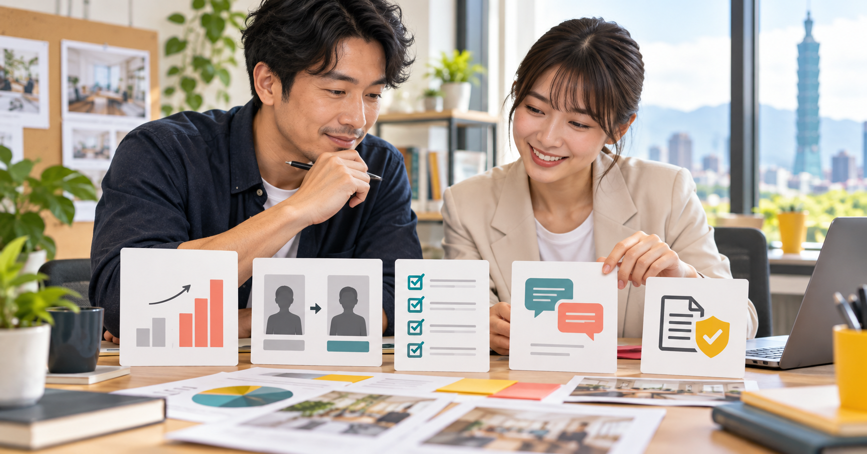 台灣中小企業團隊在明亮辦公室檢視匿名客戶案例證據卡與圖表