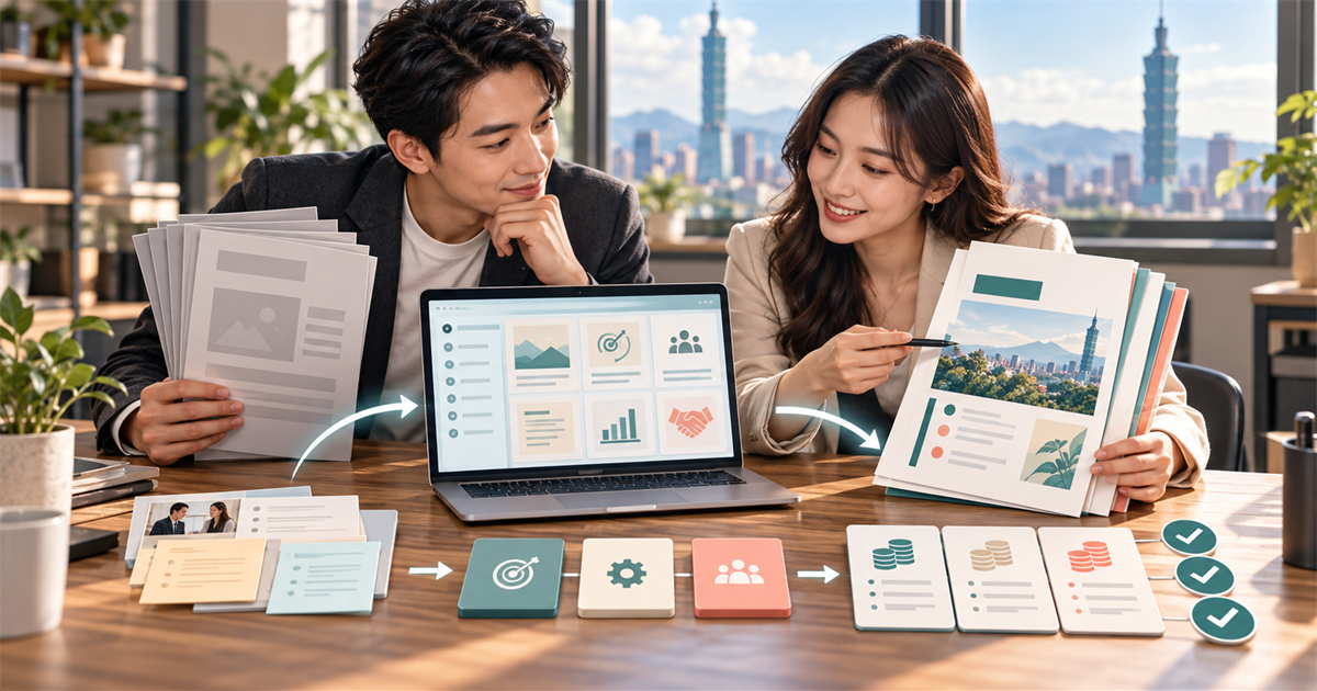 台灣中小企業顧問團隊在桌前比較模板文件與客製提案重點卡片