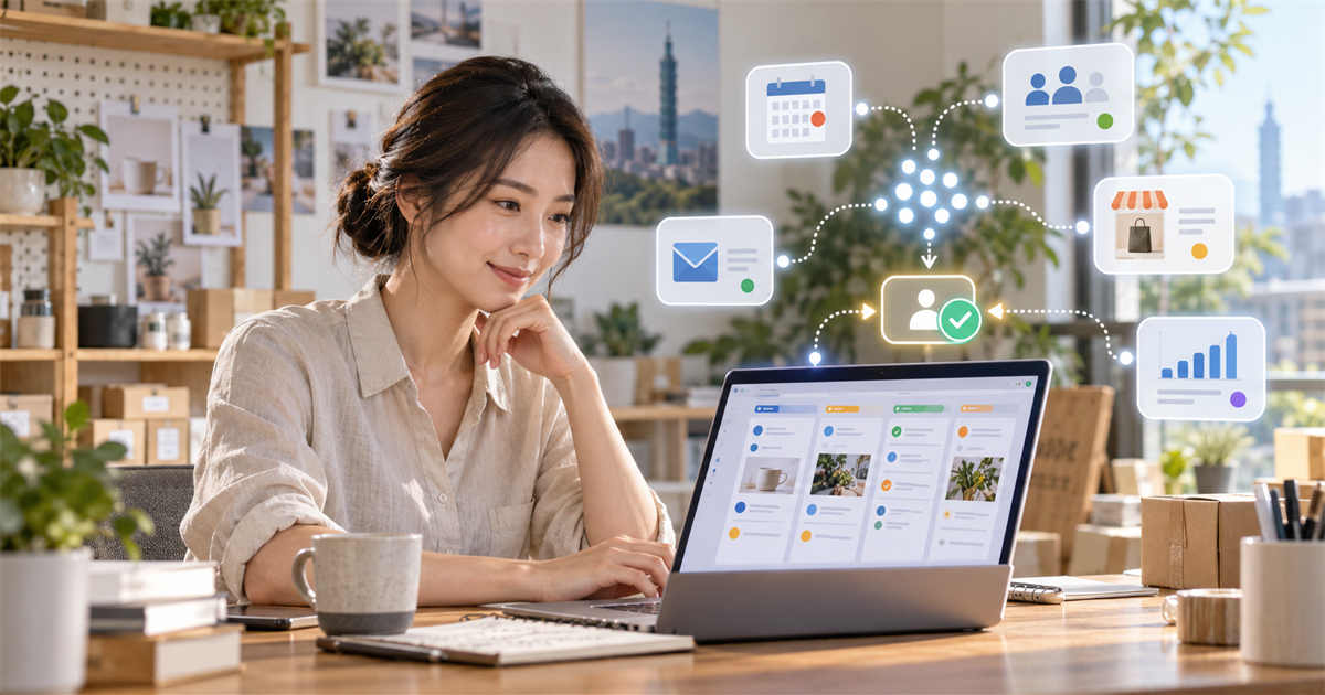 台灣中小企業主在筆電前檢查行銷任務板，旁邊有抽象 AI 代理流程節點與審核勾選