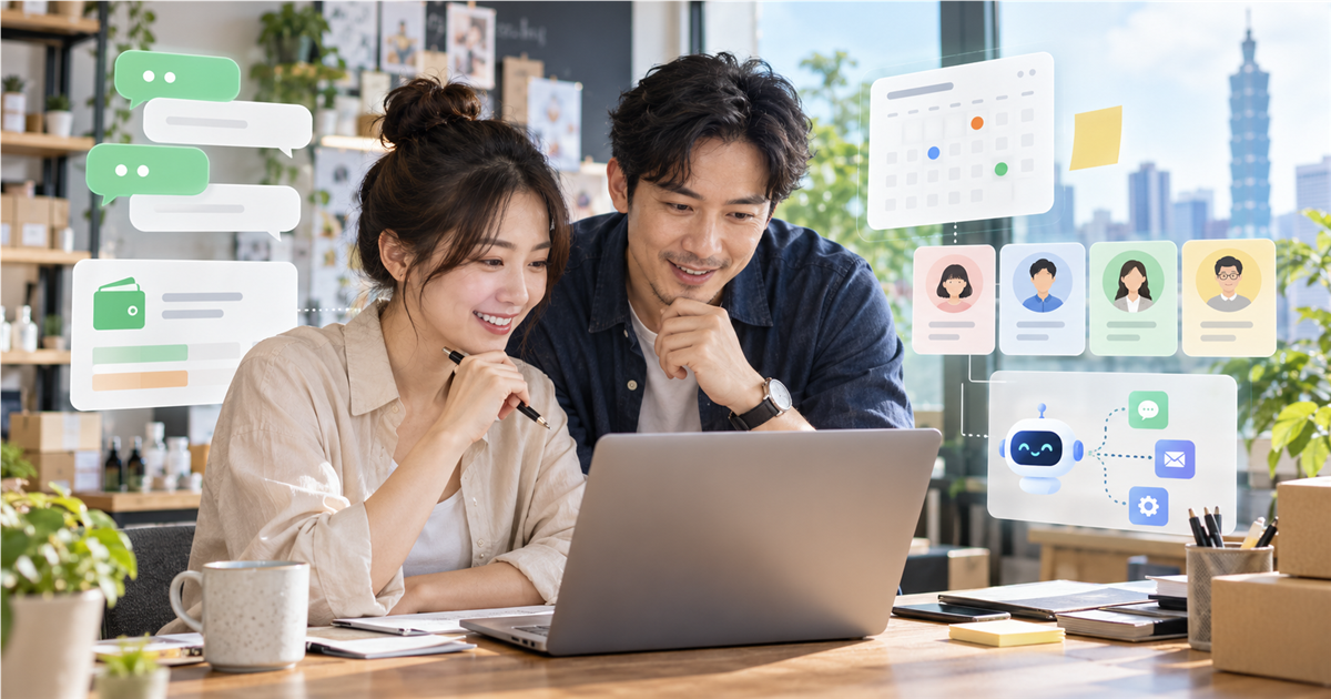 台灣中小企業團隊在明亮辦公室檢查訊息推播成本、分眾卡片與 AI 行銷流程