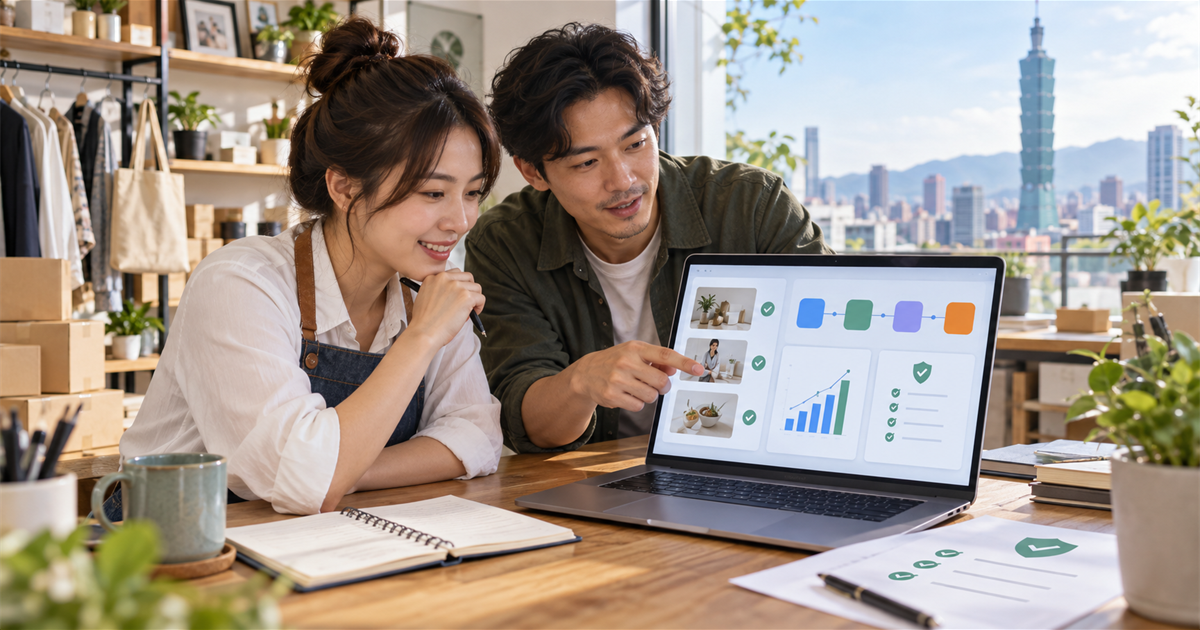 台灣小企業團隊在明亮工作室檢查 AI 行銷儀表板、連接工具卡片與批准清單