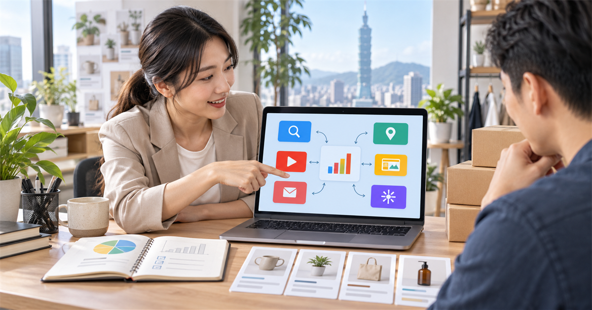 台灣小型企業團隊在筆電前檢視 Performance Max 多通路成效與預算分配