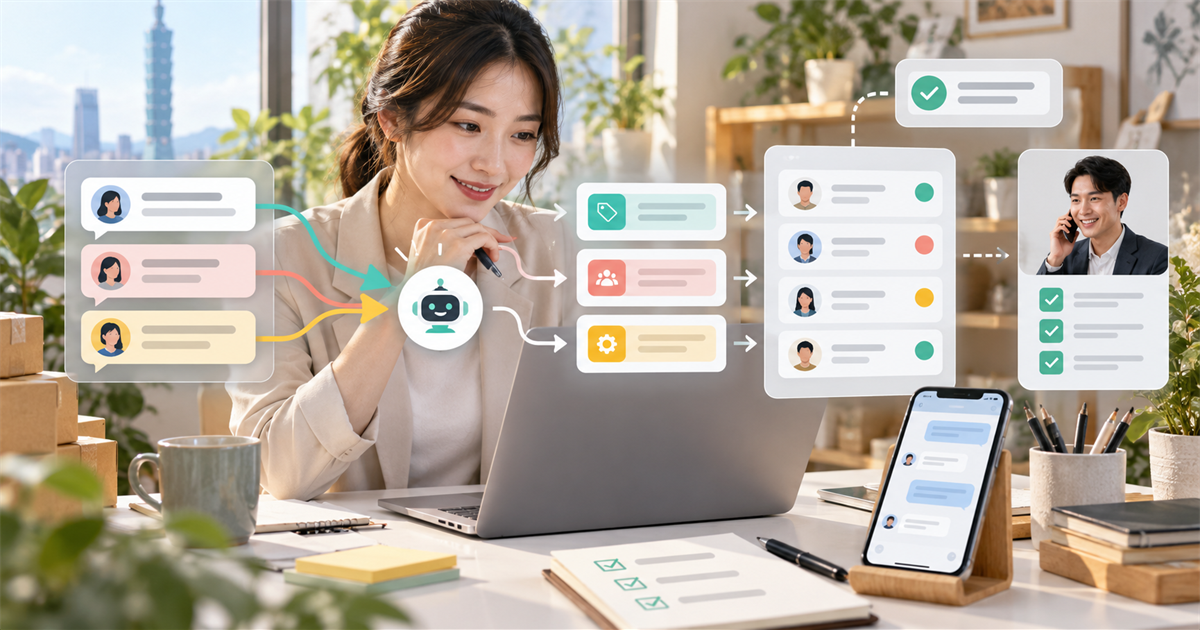 台灣小企業行銷人員在明亮辦公室檢查留言私訊分流與接手流程