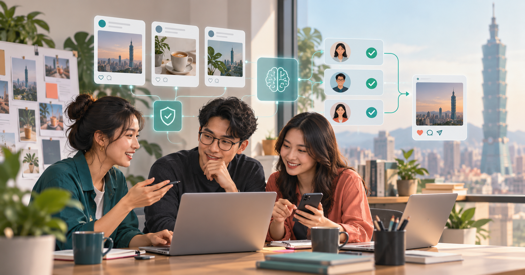 台灣中小企業團隊在辦公室檢查員工社群分享草稿與 AI 品牌界線