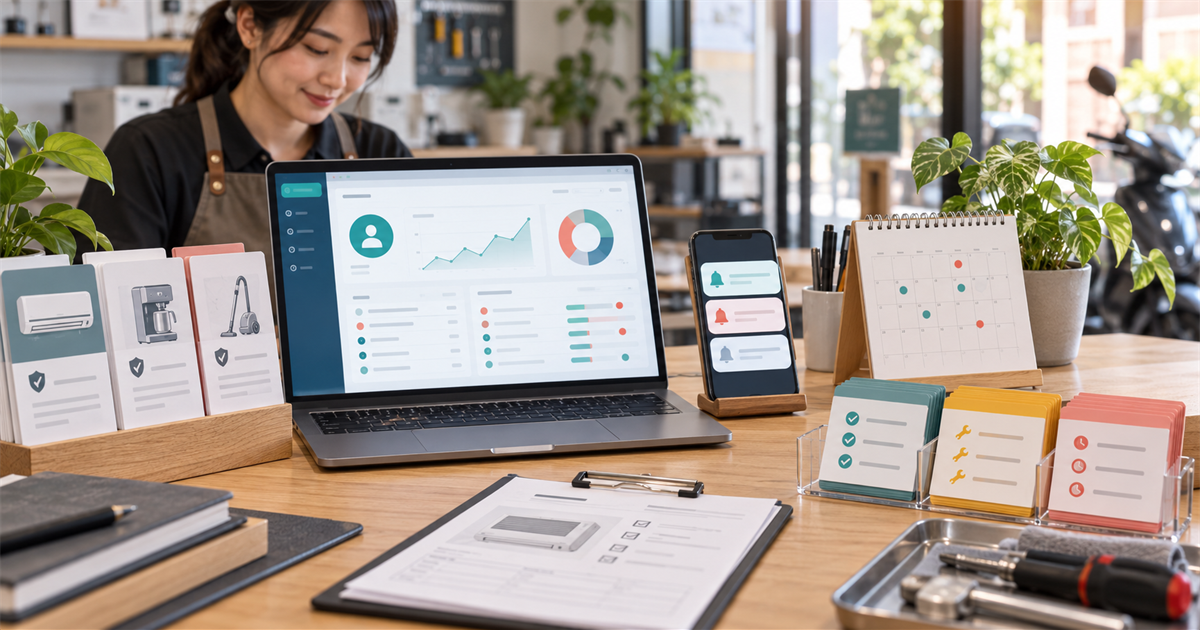 台灣中小企業服務桌上有保固卡、提醒月曆與 CRM 儀表板，象徵用 AI 整理保養回訪名單