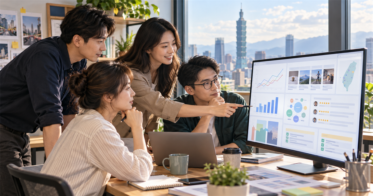 台灣中小企業行銷團隊在螢幕前檢視競品訊號與評論摘要儀表板