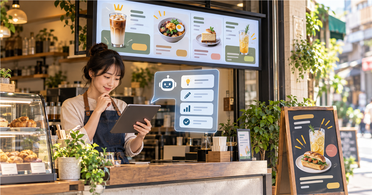 台灣咖啡店老闆用平板檢查菜單板與門口立牌的 AI 文案建議
